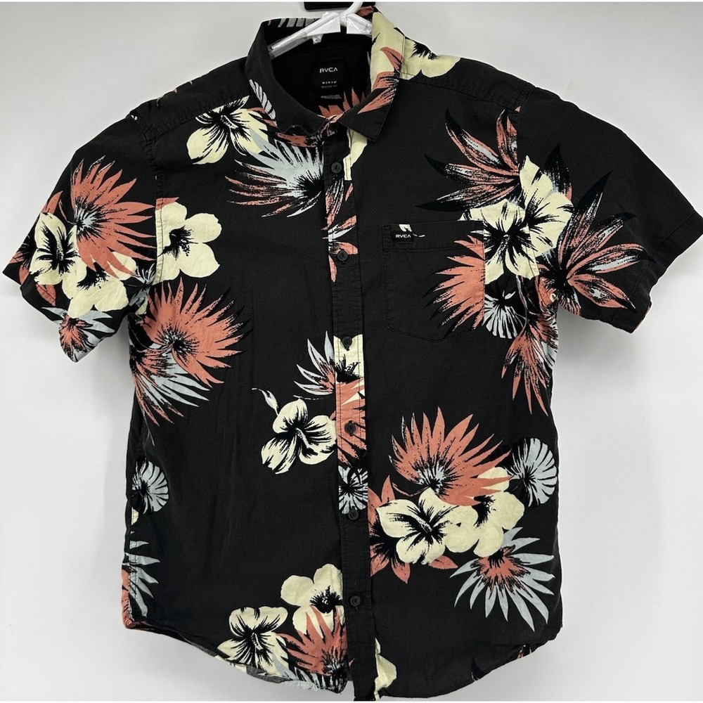 RVCA Short Sleeve Regular Fit Floral Button Down Shirt Black Men's Medium